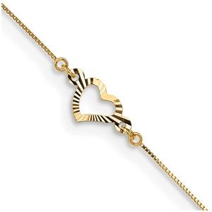 14k Yellow Gold Diamond-cut Heart Charm 9" + 1" ext Summer Fine Jewelry Anklet